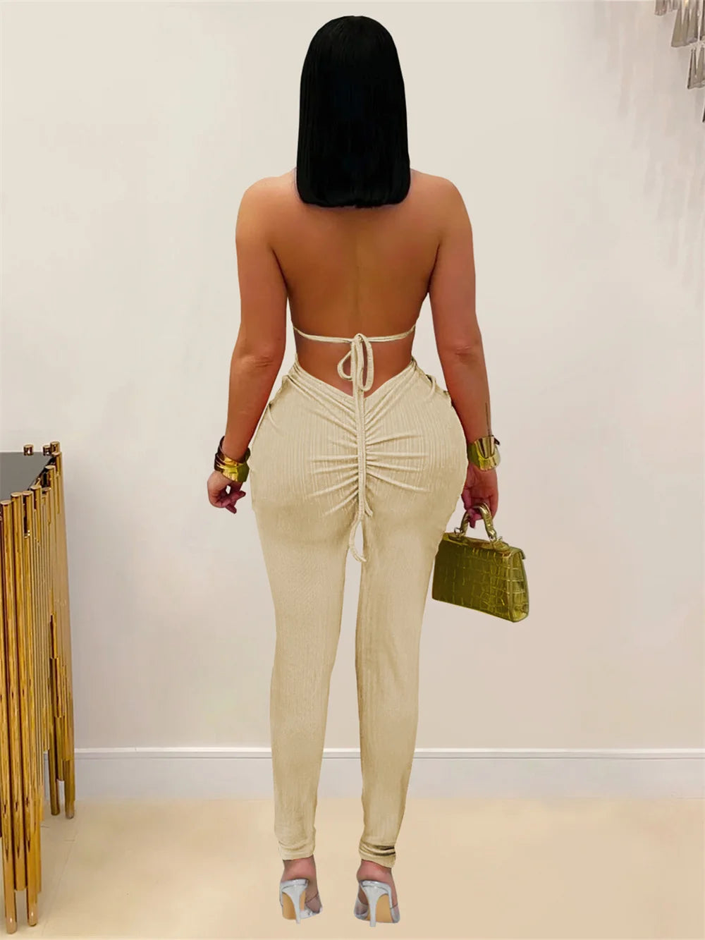 Peach Buttocks Backless Jumpsuit Women Plait Sexy Hollow Halter Bandage Ruched Y2K Party Club Street Workout Overalls