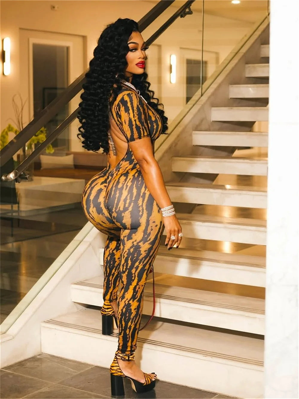 Sexy Stripe Print Jumpsuit Women Backless Activity Short Sleeve Hipster Stretch Skinny Midnight Workout Slim Overalls