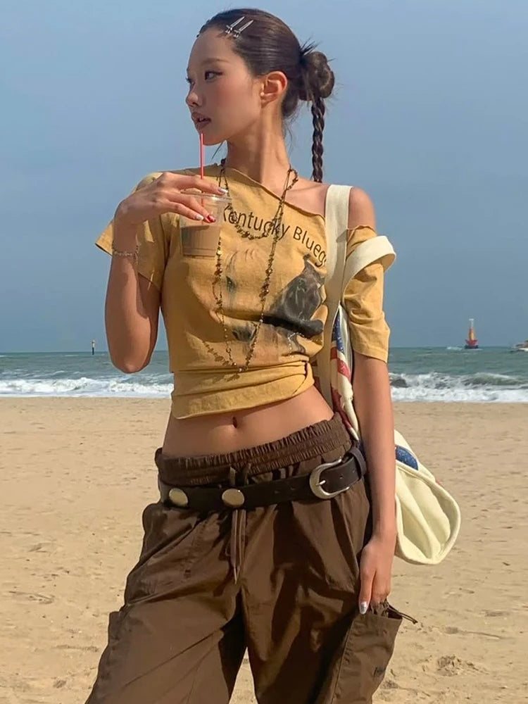 Biased Collar Crop Tops Women Rough Edges Letter Horses Print Leisure Summer Trend Simple Classic Basic Street Tees