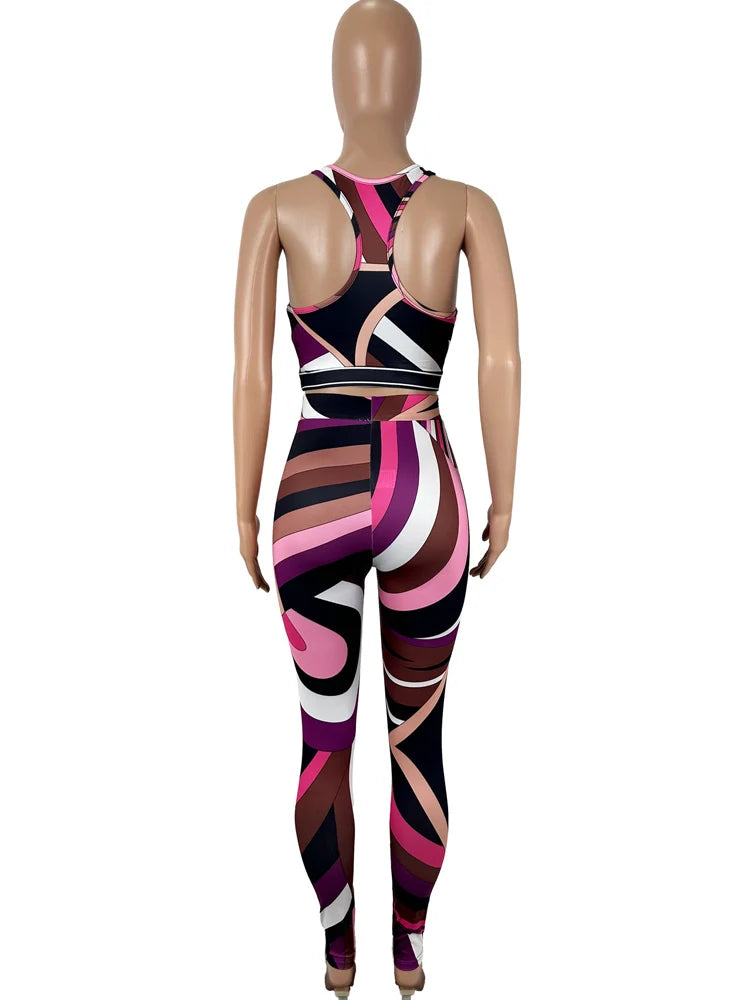 Fashion Patchwork 2 Piece Set Women Square Collar Tank Tops+Skinny Peach Hip Pants Midnight Sexy Club Party Outfits