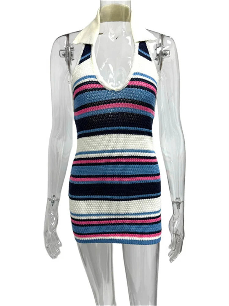 Crochet Stripe Patchwork Dress Women Halter Polo-Neck Backless Sleeveless Skinny Peach Hip Sexy Fashion Mini Bodycon