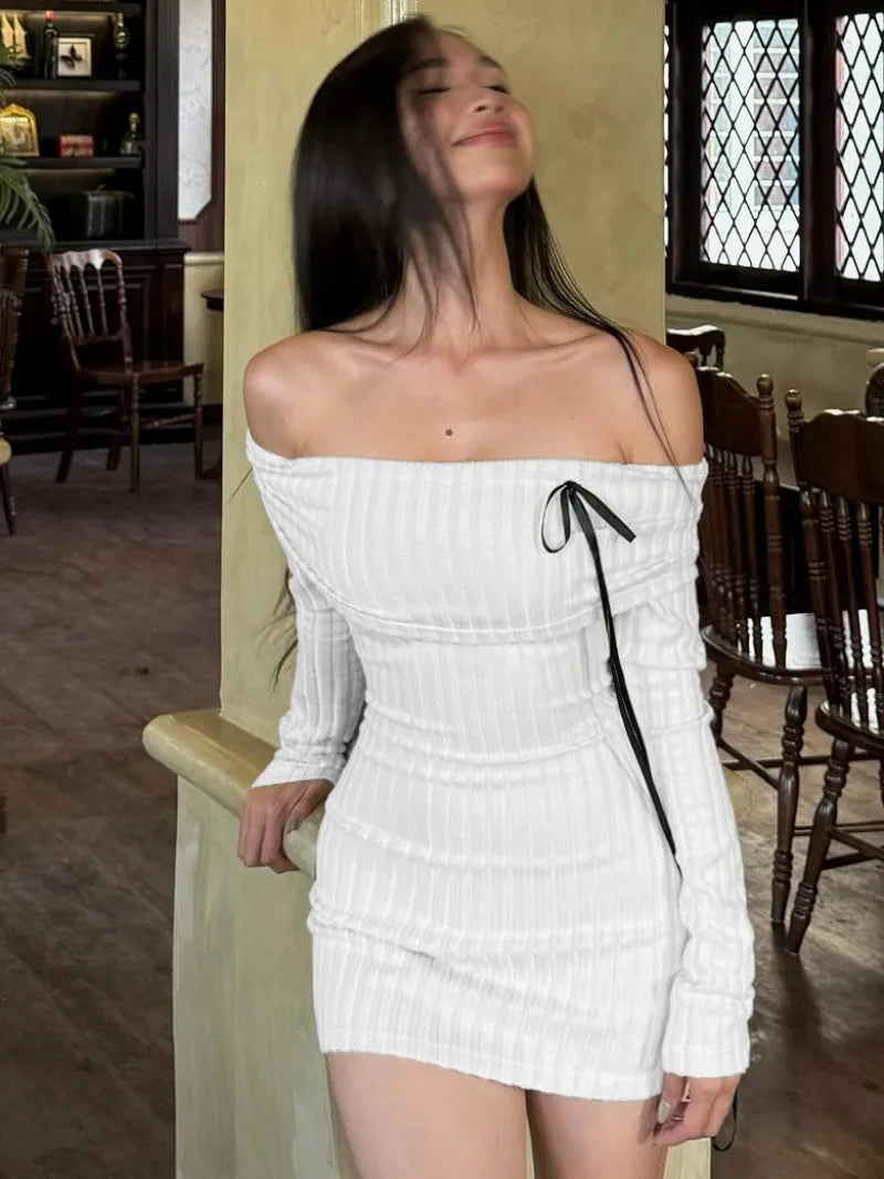 Knitted White Bodycon Dress Off The Shoulder Long Sleeve Short Dresses Sexy Outfits Women Clothes Fall 2025