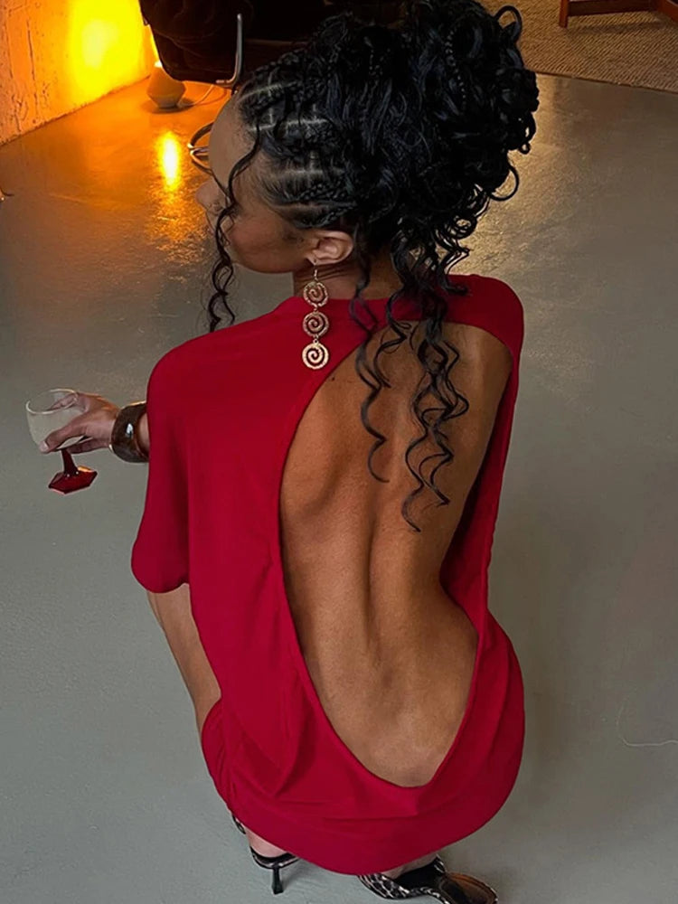 Sexy Backless Mini Dress Women Y2K Solid Trend Style o-Neck Half Sleeve Spicy Girls Street Fashion Skinny Outfits