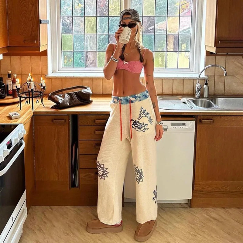 Fashion Graffiti Print Sweatpants Drawstring High Waist Wide Leg Pants Streetwear Womens Clothing P71-CE32