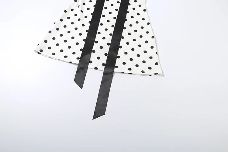 Bow Tassels Dress Women Polka Dot Print Patchwork Mesh Puff Sleeves Skinny Sexy Midnight Street Low-Neck Mini Bodycon