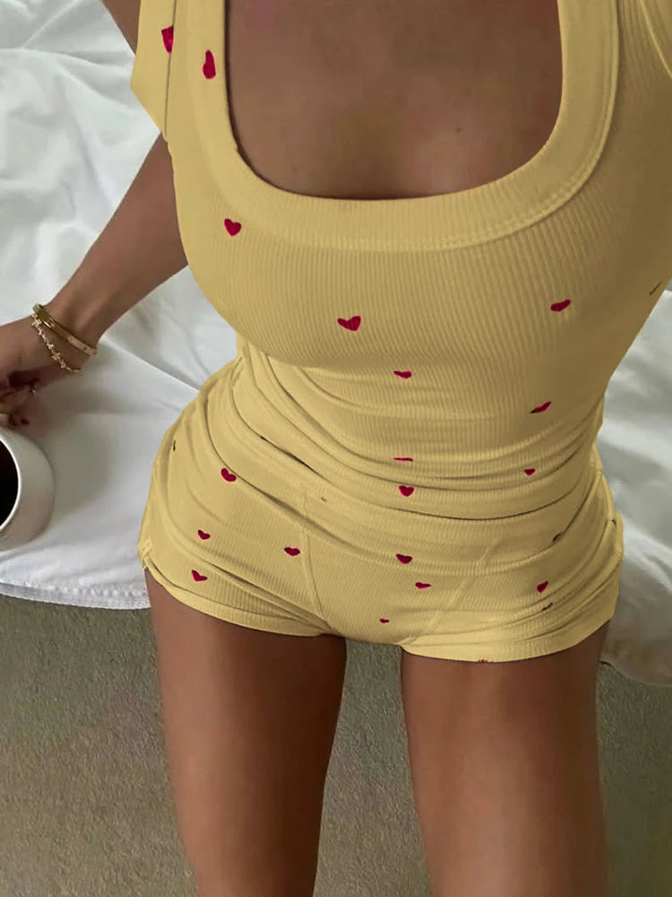 Heart Print 2 Piece Set Women Square Collar Sleeveless Crop Tops+Stretch Shorts Sweet Girls Casual Fashion Outfits