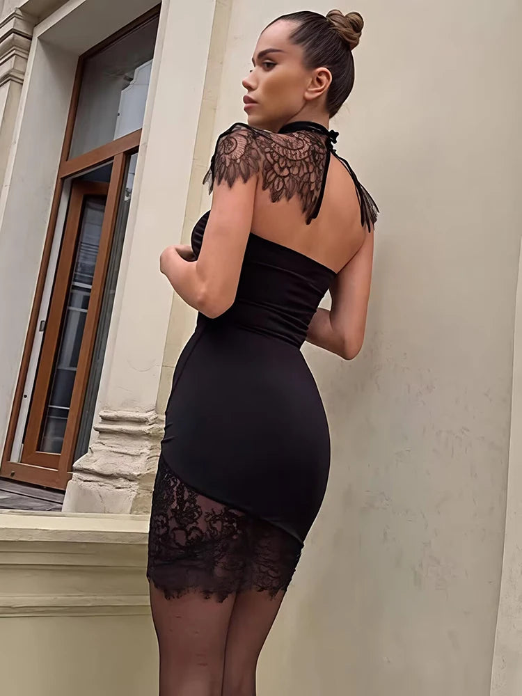Lace Backless Sexy Miaxi Dress Women Gown Elegant See Through Turtleneck Sleeveless Bodycon Club Party Long Dresses