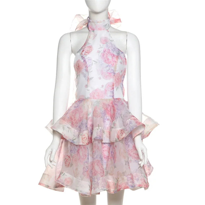 Bow Tie Halterneck Dress Pink Floral Print Backless Ruffled Short Dresses for Women Summer Party Outfits