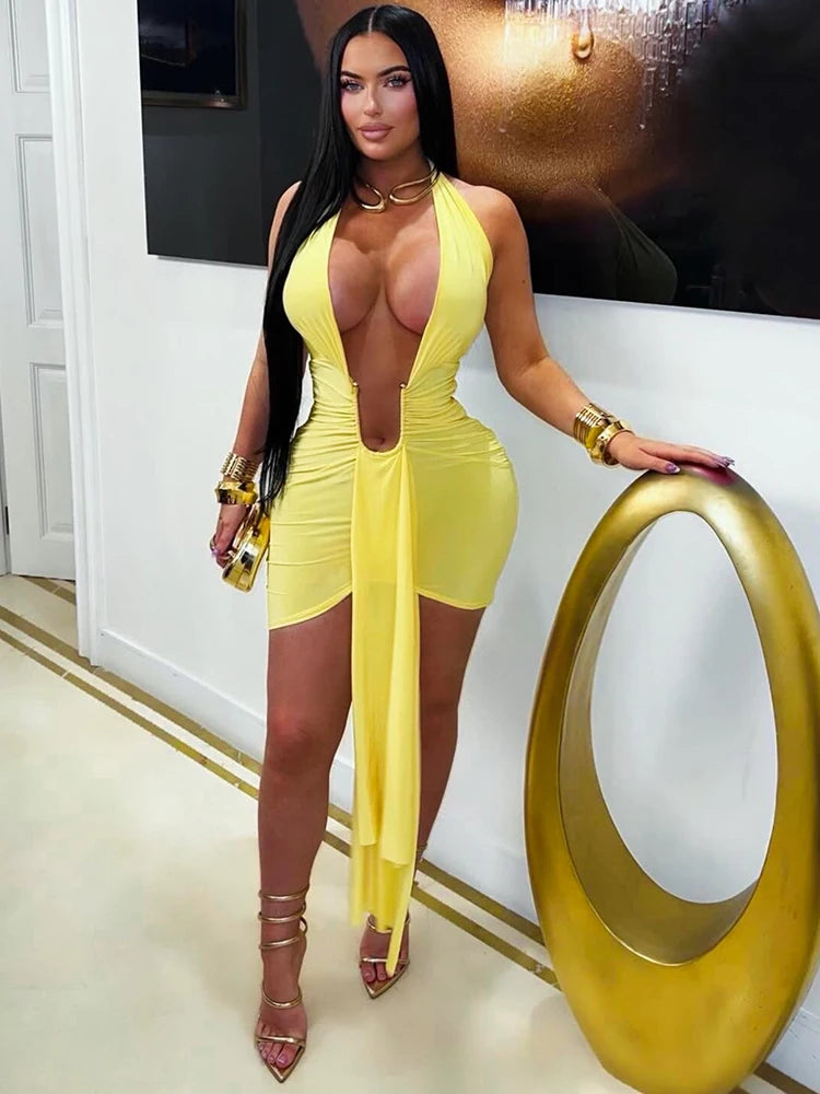 Tassel Classic Bandage Halter Dress Women u-Shaped Metal Ring Deep v-Neck Backless Sleeveless Folds Sexy Midnight Bodycon