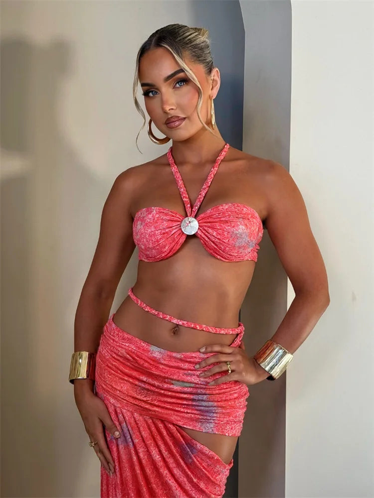 Plait 2 Piece Set Woven Y2K Summer Beach Vacation Halter Bandage Tank Tops+Hollow Slash Maxi Skirts Matching Clubwear