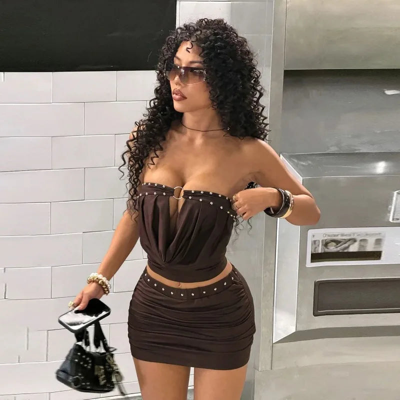 Sexy 2 Pieces Set for Woman Skirt and Top Summer Rave Outfits Festival Woman Club Wear Coord Set