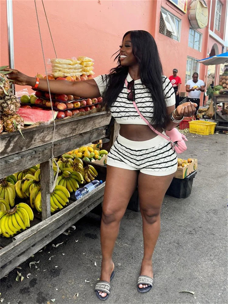Contrast Knit 2 Piece Sets Woman Summer Sexy Short Sleeve O-Neck Crop Tops+Skinny Shorts Comfortable Matching Outfits