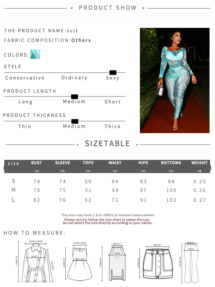 Art Pint 2-Piece Set Women See Through Full Sleeve Crop Top+Elastic Waist Skinny Pant Sexy Fashion Midnight Suit
