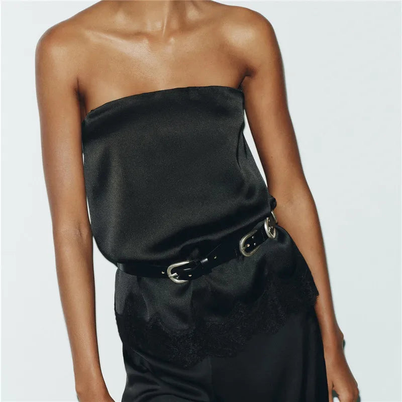 Women Solid Tube Tops Summer Eyelash Lace Trim Backless Off-Shoulder Bandeau Backless Tank Shirts Y2K Streetwear