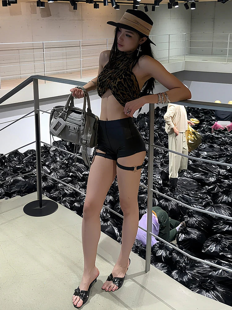 Sexy 2-Piece Set Women Backless Leopard Print Bandages Vests+Metal Ring Hollow Shorts Coquette Wild Midnight Clubwear