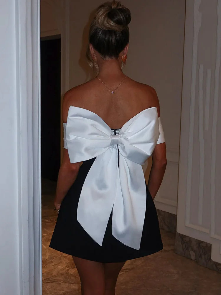 Bow Backless Sexy Mini Dress For Women Robe Elegant Off-shoulder Strapless Sleeveless A-line Club Sexy Dress Vestido