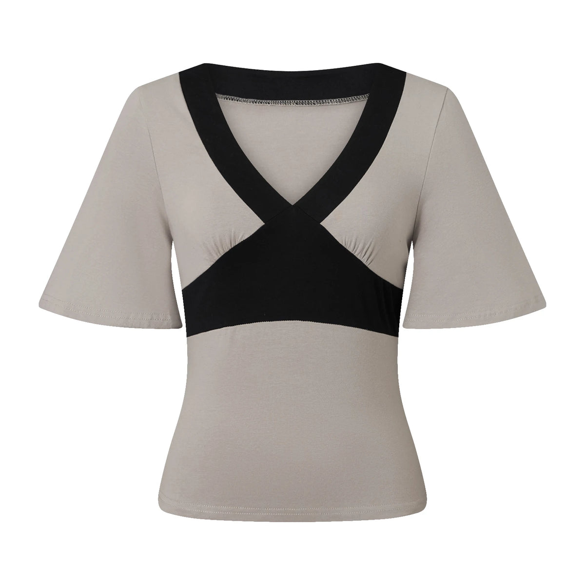 Womens Contrast Color Cross V Neck Short Sleeve Crop Tee Slim Fitted Patchwork Tshirt Summer Casual Y2K Cropped Top