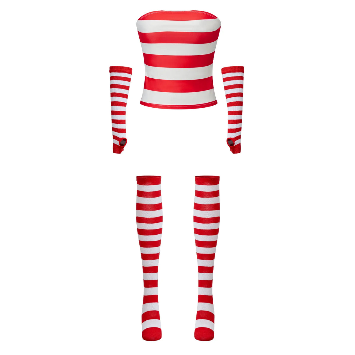 Women Where's Waldo Cosplay Set Red White Striped Tube Top Arm Warmers Socks Adult Halloween Group Party Fancy Costume