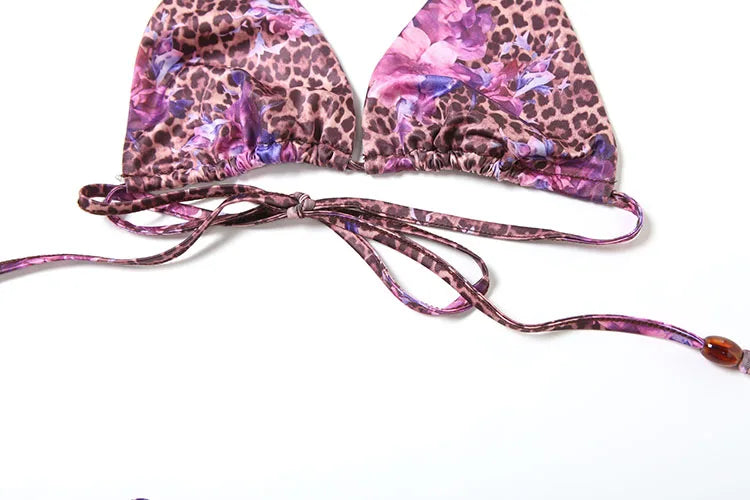 Summer Flower Leopard Print 3-Piece Set Women Halter Bra+Strap Shorts+Folds Skirts Skinny Sexy Beach Party Matching Suits