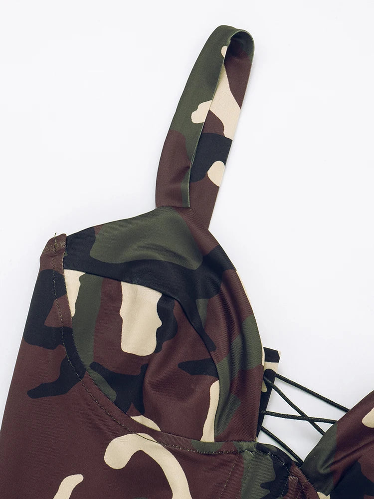 Sexy Camouflage Print 2 Piece Set Women Tracksuit V-Neck Shirring Backless Camisole+Pants Matching Street Casual Outfits