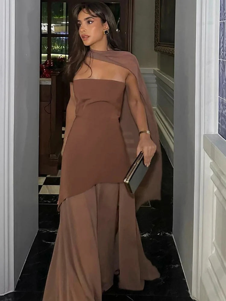 Sheer Mesh Splicing Tube Dress with Scarf Elegant Backless Split Long Dresses Woman Party Outfits