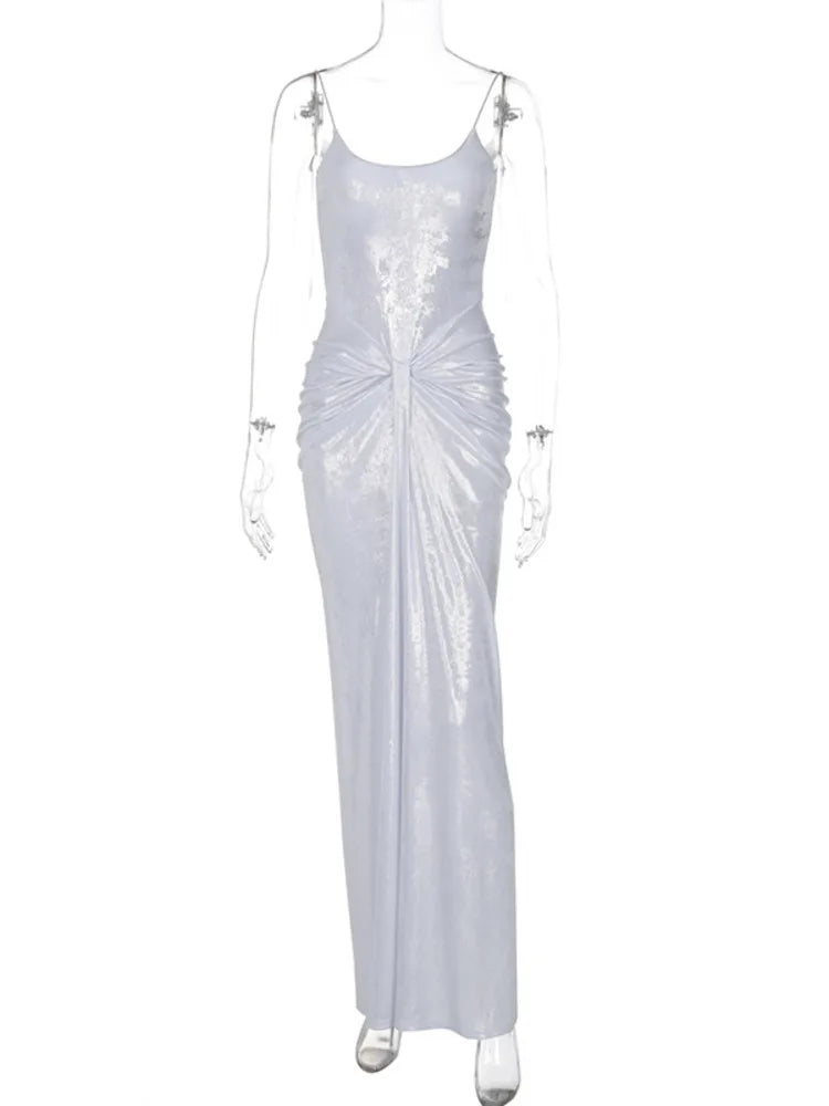 Sliver Spaghetti Strap Sexy Maxi Dress For Women Fashion Sparkle Sleeveless Backless Ruched Beach Club Sexy Long Dress