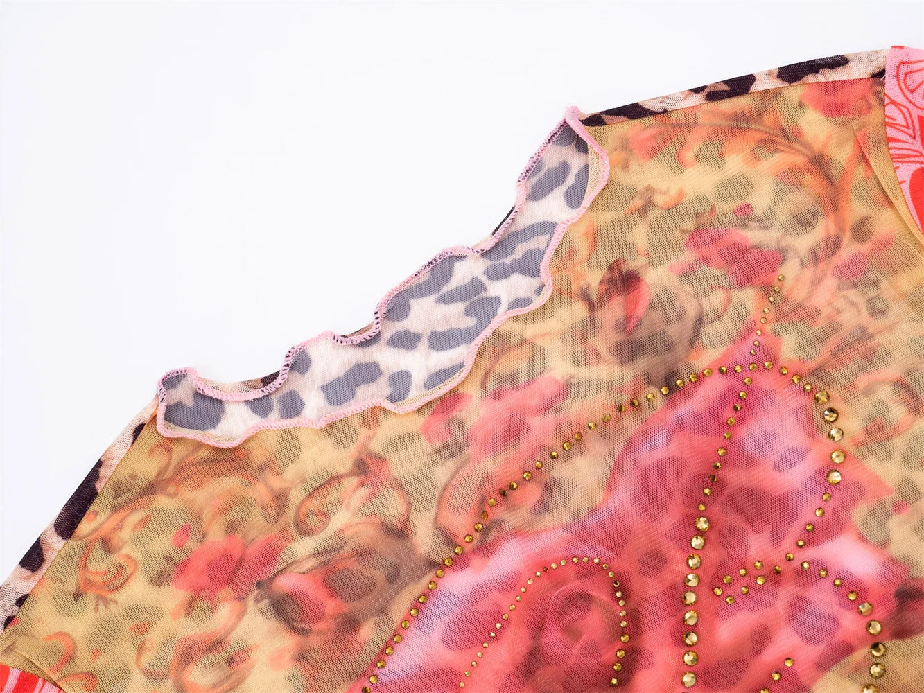 Rhinestones Print Crop Tops Women See Through Sexy Hipster Patchwork Stretch Flare Sleeve Midnight Wild Basic Tees