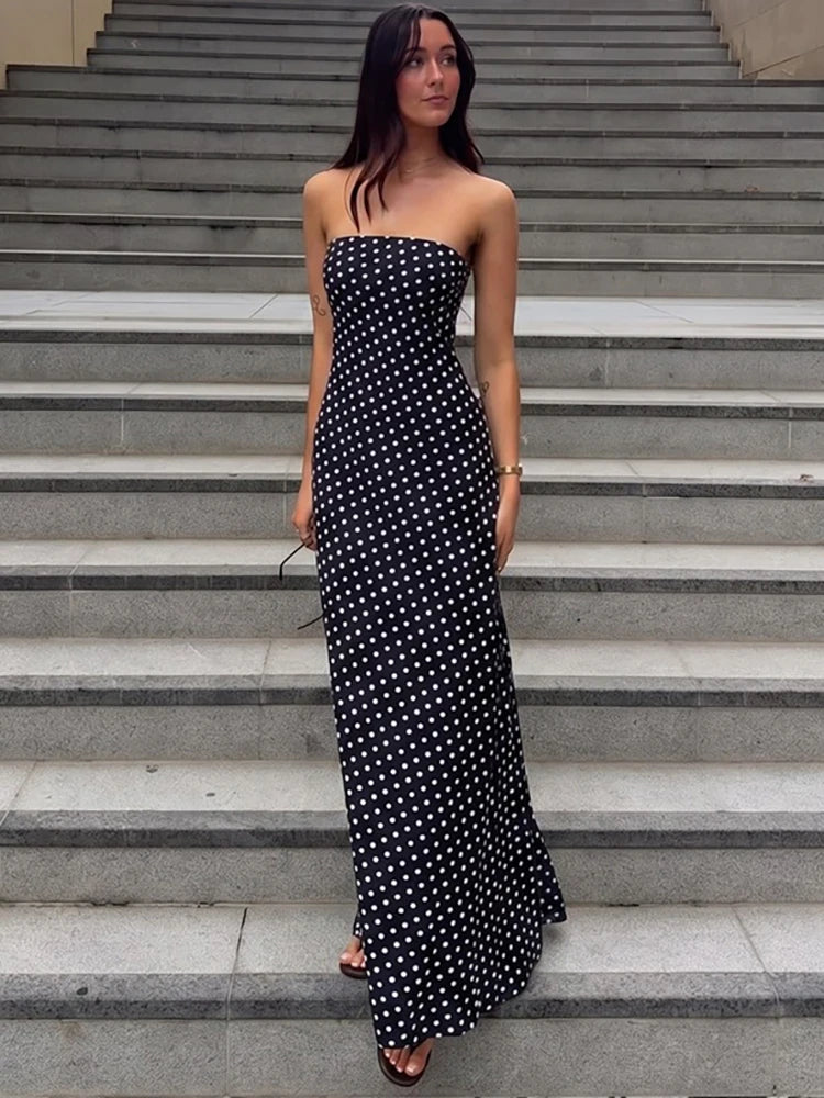 Polka Dot Strapless Sexy Maxi Dress Women Elegant Off-shoulder Sleeveless Backless Bodycon Club Party Long Dresses