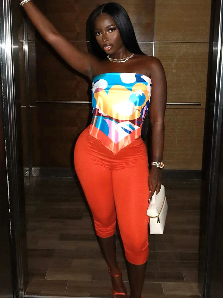 Sexy Hipster Women 2 Piece Set Y2K Strapless Colorful Belly Tops+Bike Shorts Tight Stretch Midnight Clubwear Outfits