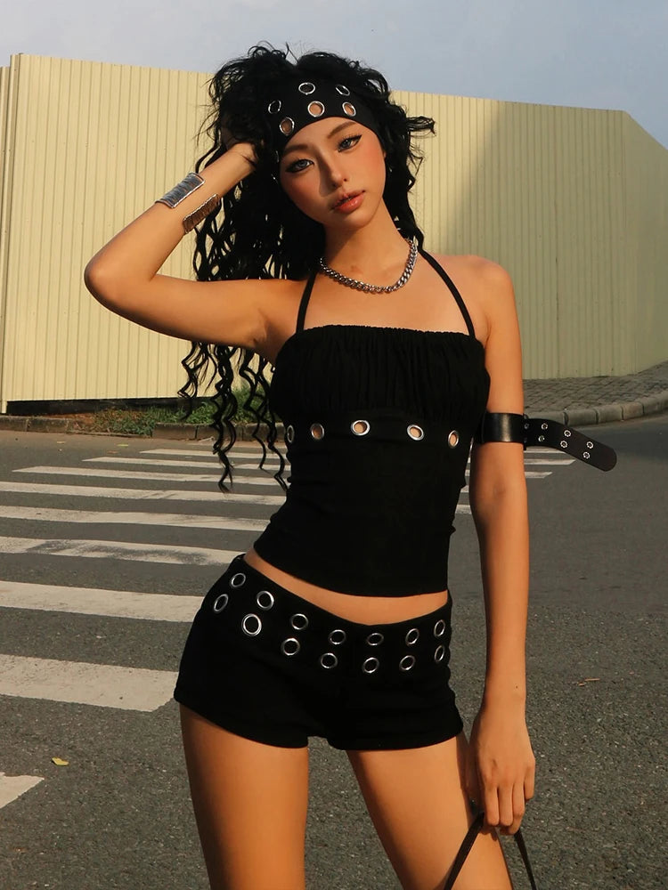Sexy Women Y2K 2 Piece Set Metal Hollow Ruched Patchwork Camisole+Shorts Matching Streetwear Hipster Trend Outfits