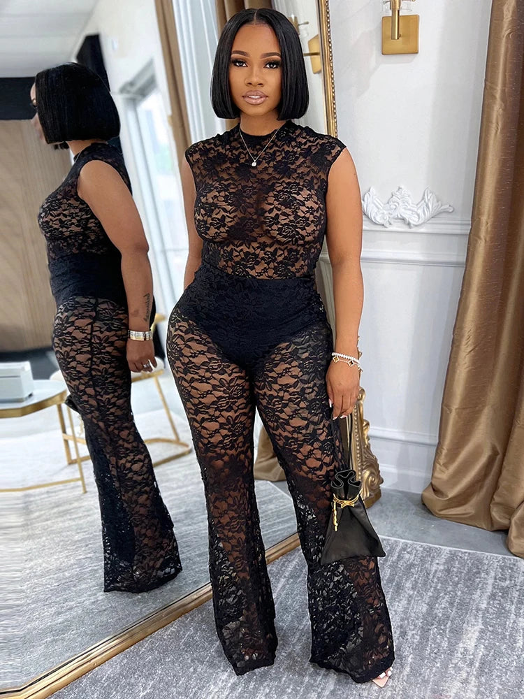 Sexy Mesh See Through 2 Piece Set Women Skinny Sleeveless Bodysuits+Flared Pants Midnight Club Party Coquett Outfits