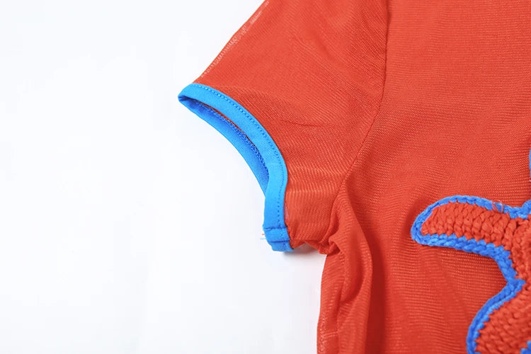 See Through Crop Tops Appliques Women Summer Beach Trend Skinny Stretch Contrast O-Neck Sexy Wild Shorts Sleeve Tees