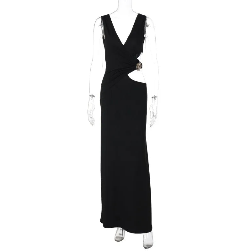 Side Cutout V Neck Sleeveless Long Dresses Black White Elegant Dresses Woman 2025 Luxury Party Gowns