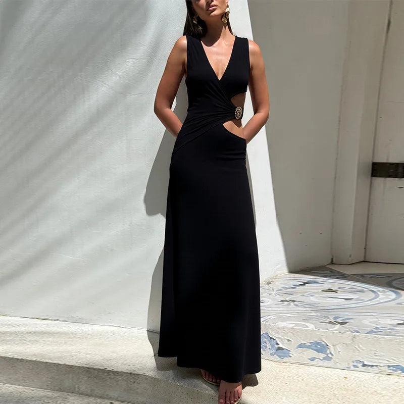 Side Cutout V Neck Sleeveless Long Dresses Black White Elegant Dresses Woman 2025 Luxury Party Gowns