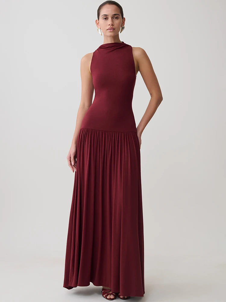 Women Sleeveless High Neck Sexy Maxi Dress Pleated Long Dress Elegant Drop Waist Club Party Evening Long Dresses