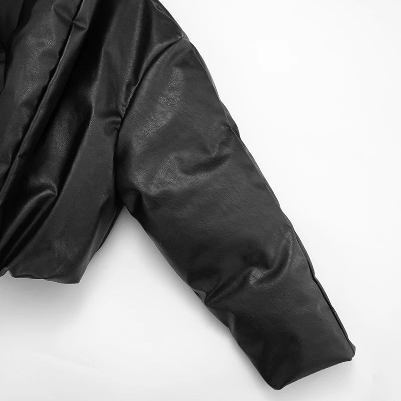 PU Waterproof Crop Puffer Jacket Women Winter Warm Leather Stand Collar Quilted Parkas Full Sleeve Streetwear Coat