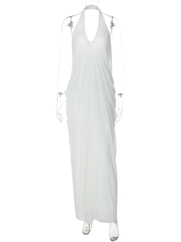 Mesh Halter Backless Sexy Maxi Dress Women Gown Fashion Elegant V Neck Sleeveless Pleated Club Party Long Dresses