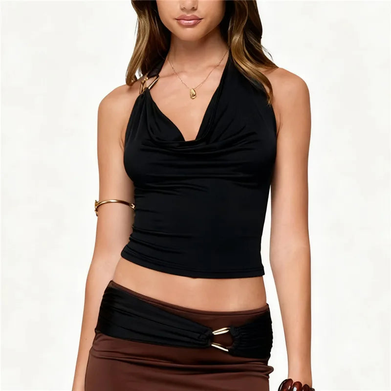 Sexy Women's Halter Neck Tops Sleeveless Open Back Slim Fit Metal Clasp Front Tank Tops Summer Party Club Shirts