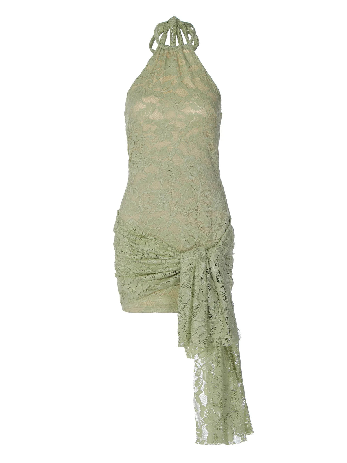 Green Lace Bodycon Dress for Summer Night Club Outfits Sexy Tie Front Halter Backless Mini Dresses for Woman