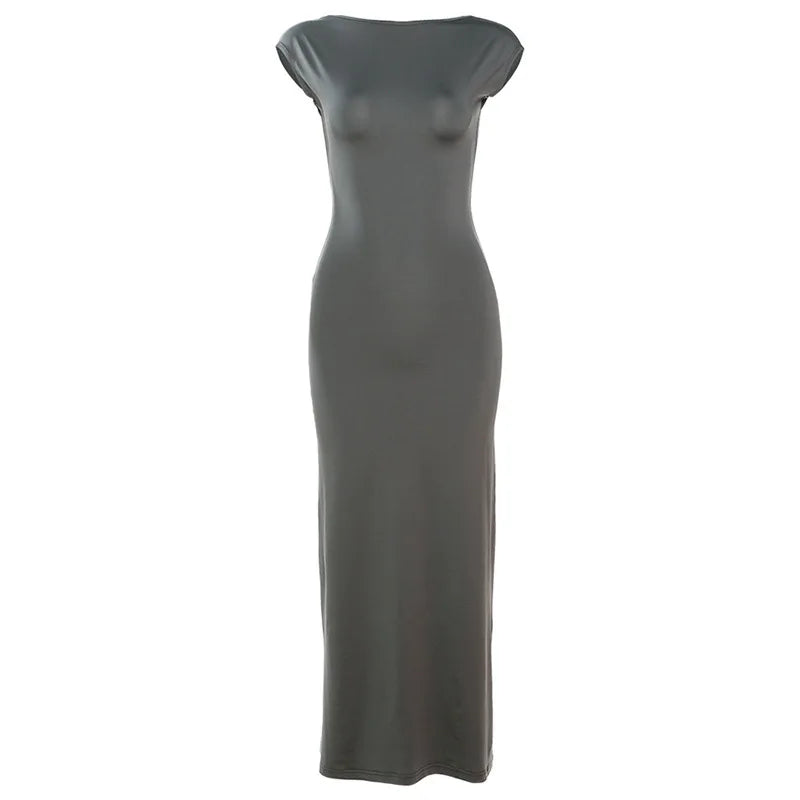Short Sleeve Backless Long Dresses Sexy Outfits for Women Clothes Basics Casual Bodycon Grey Black Dress