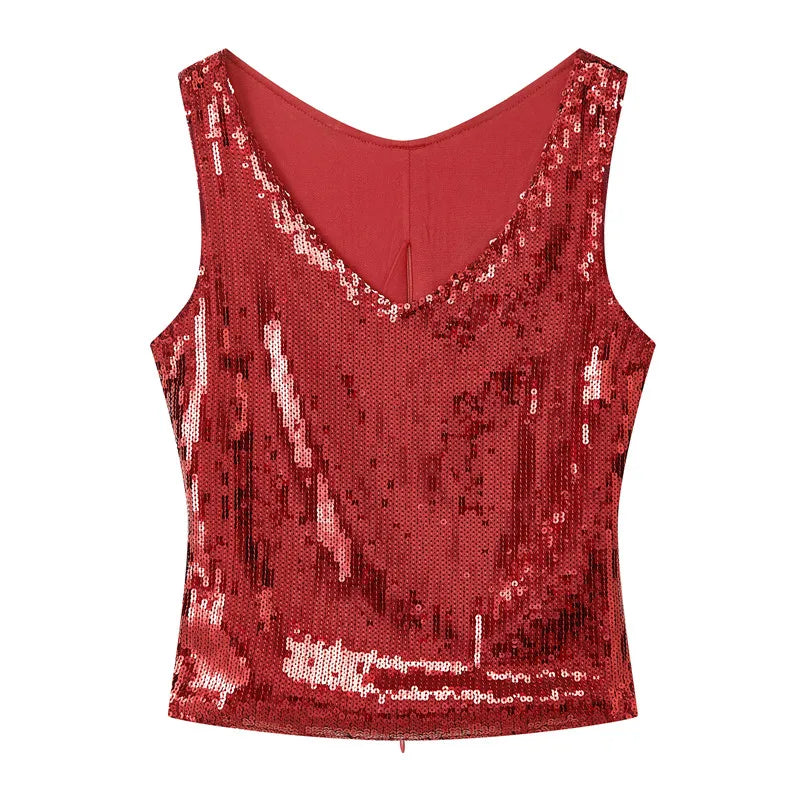 Y2K Glitter Shiny Sleeveless Shirt Vest Sequin Sparkle V Neck Tank Tops Women Slim Fitted Crop Top Festival Rave Clothes