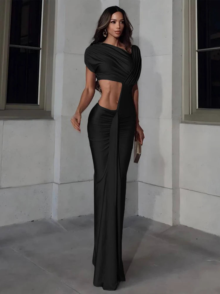 Irregular Hollow Dress Women Diagonal Collar Ruched Shorts Sleeve Trend Waistless Slits Elegant Skinny Maxi Bodycon