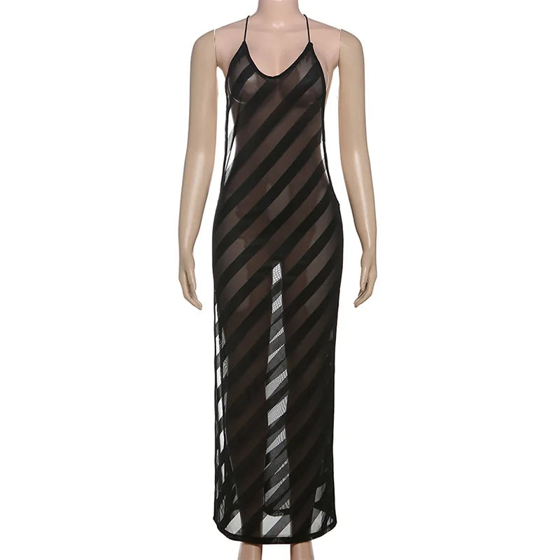 Striped Black Mesh Sheer Sexy Summer Dress Woman 2025 Halter Backless Side Split Long Dresses Club Outfits