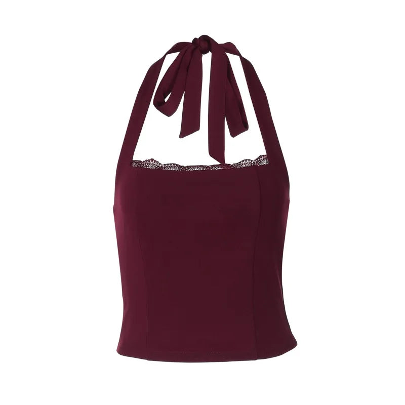 Tank Tops Womens Summer Clothes 2025 Fashion Sexy Lace Trim Square Neck Halter Crop Top Black