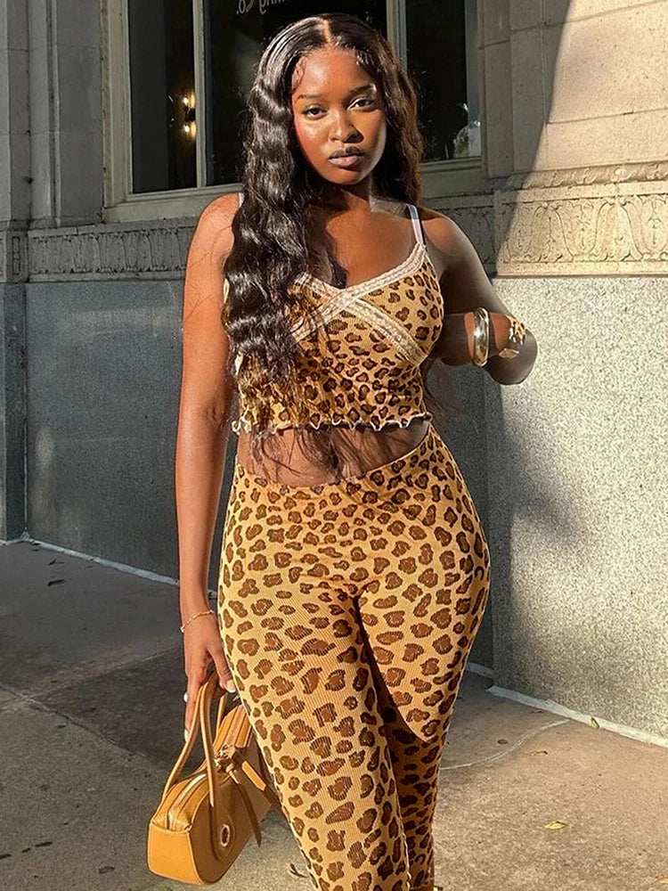 Tracksuit Women 2 Piece Set Casual Leopard Print Y2K Camisole+Mid Pants Tight Stretch Skinny Matching Street Outfits