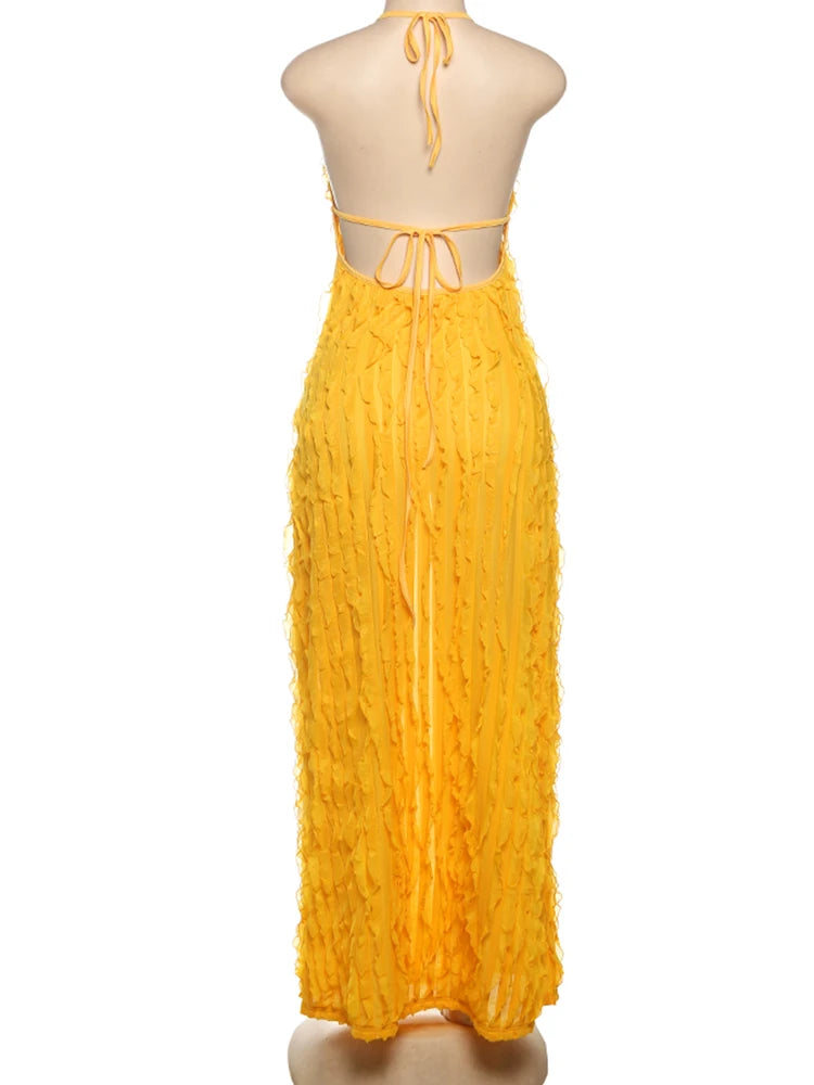 Ruched Elegant Maxi Dress Women Beads Lace-Up Halter Low-Neck Backless Vacation Street Fashion Solid Skinny Vestidos