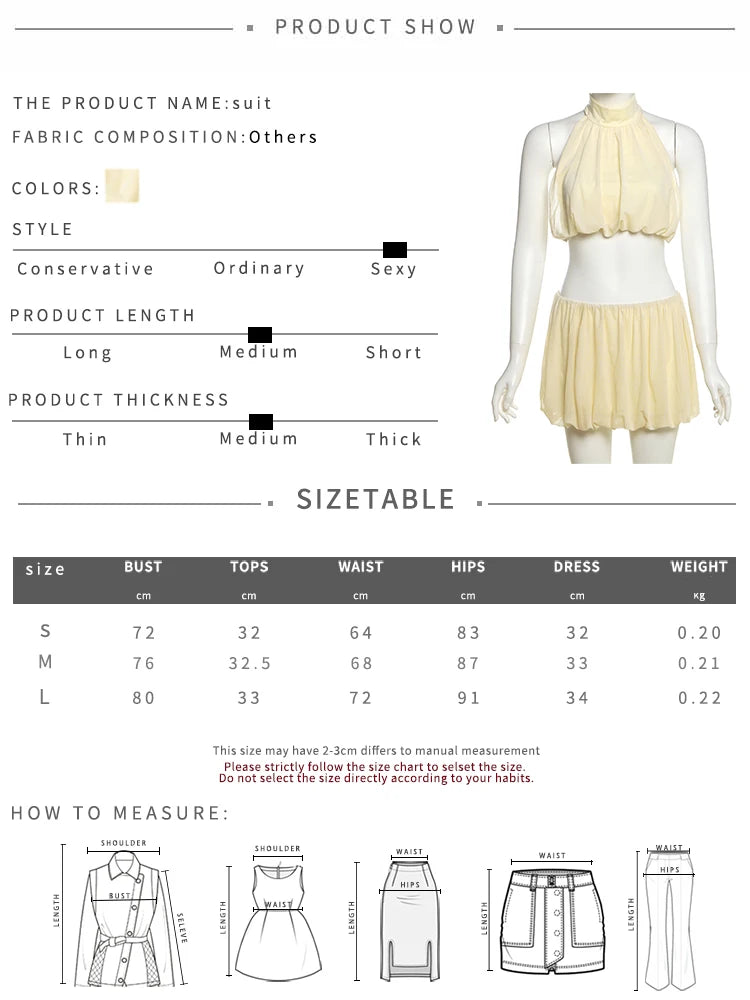 Ruched 2-Piece Set Women Halter Backless Elegant Tank Tops+Waist Skirts Solid Sexy Summer Beach Party Matching Suits