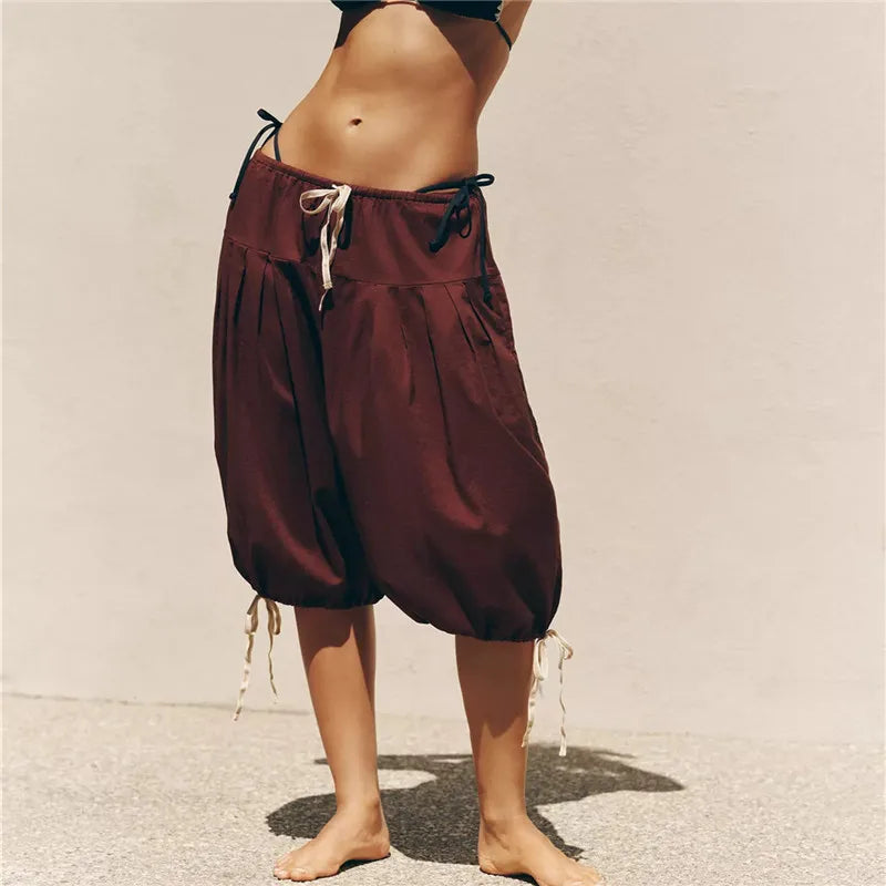 Women Loose Boho Capri Harem Pants Elastic Waistband Drawstring Pleated Adjustable Hem Tie Casual Summer Beach Culottes