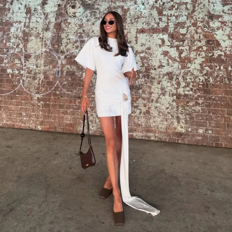 Half Sleeve Draped Short Dresses for Woman Clothing White Black Sheath Dresses Elegance