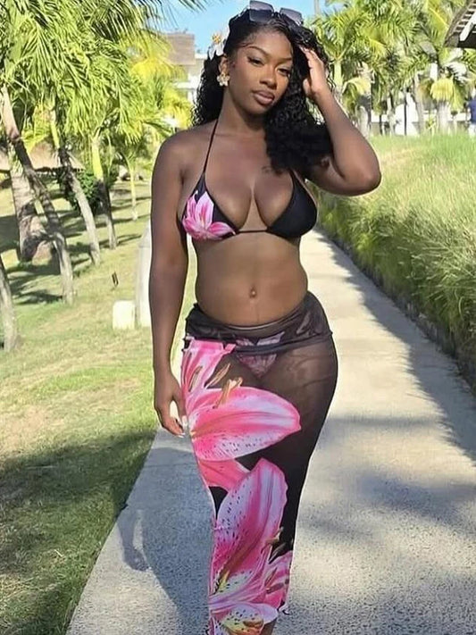 Sexy Flower Print 3 Piece Set Women Thin Bra+Thong+ Long Skirts Matching Vacation Matching Clubwear Beach Swimsuit